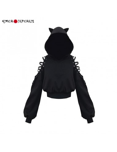 Hoodie Kawaii chat noir en linge